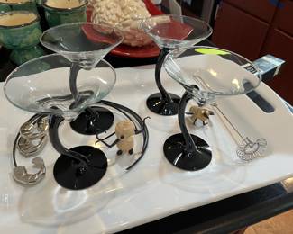 Set of 4 Mid Century Modern Black Curved Stem Martini Glasses