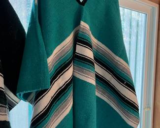 Hand Woven Turquoise, White & Gray Poncho Molina Indian Blanket - Made in Mexico
