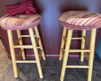 Two Light Oak Stools with Pink Striped Pads