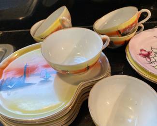 Japan Lusterware Snack Set Hand Painted Luncheon Plates and Cups - Service for 6