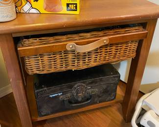 Oak Side Table with Wicker Drawer