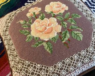 Brown Pillow with Rose Needlepoint Design