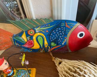 Mexican Folk Art Carved Wood Hand Painted Fish