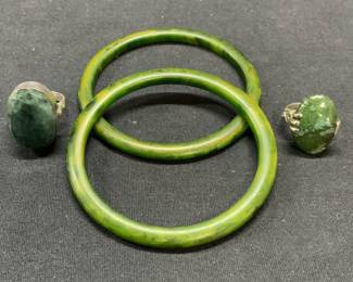 Lot 4 Sterling Silver Ring, Green Bangles