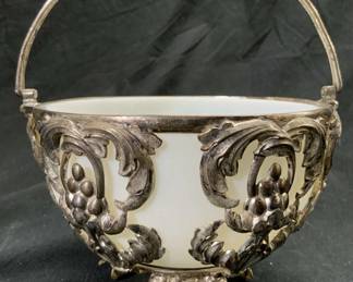 Vintage Ornate Metal Basket W Glass Insert