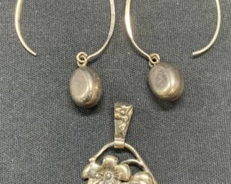 2 Sterling Silver Jewelry, Amber Pendant, Earrings