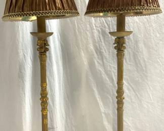 Pair Baroque Gilt Wood Lamps W Shades 37in