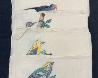 Set 8 Embroidered Linen Bird Cocktail Napkins