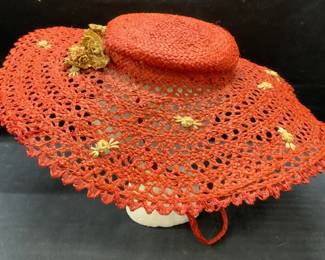 Vintage Red Woven Straw Flower Hat