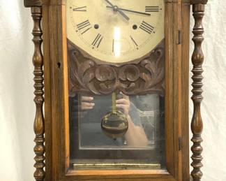 Antique Inlaid Victorian Wooden Wall Clock 33in