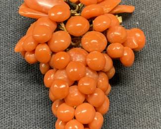 Vintage Coral Beaded Grape Brooch