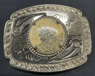 Vintage Silver Tone Ship Belt Buckle