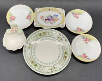 Lot 6 Vintage Signed Porc Trinket Dishes & Saucer