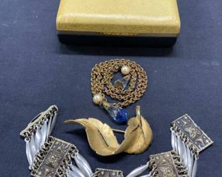 Lot 3 Vintage Jewelry, BSK Leaf Brooch, More