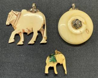 Lot 3 Carved Bone & Sterling Silver Pendants