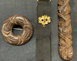 Lot 3 Carved Wood Brooches, More