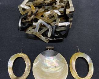 3 Shell MOP Pendant & Earrings, Lucite Necklace