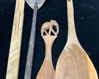 Lot 4 Carved African Wood & Shell Kitchen Items