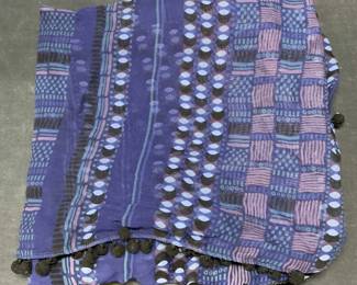 Blue Patterned Black Pom Pom Trim Scarf