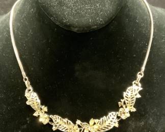 Vintage Silver Tone Crystal Flower Necklace