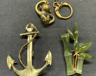 Lot 3 Anchor & Bamboo Pins, Monkey Pendant