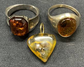 Lot 3 Sterling Silver Amber Rings, Pendant