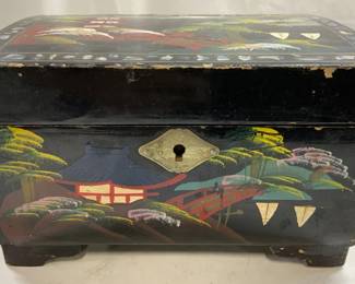 Vtg Hand Painted Asian Lacquered Jewelry Music Box