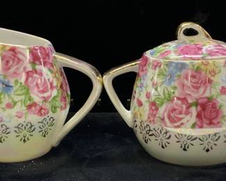 Pair Iridescent Porcelain Sugar Bowl & Creamer,