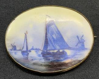 Vintage White & Blue Ceramic Boat Brooch