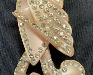 Vintage Pink Lucite Crystal Bird Brooch, 5 In