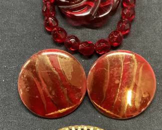 Lot 4 Red Crystal Bracelet, Tapestry Brooch +