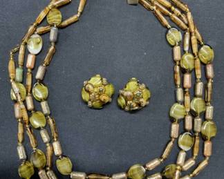 2 Green & Brown Beaded Necklace & Earrings Germany