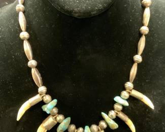 Sterling Silver Turquoise & Bone Beaded Necklace
