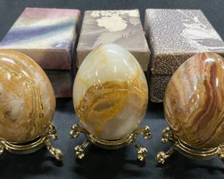 3 Brown Agate Stone Eggs with Stands Pakistan