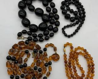 Lot 5 Black & Amber Tn Beaded Necklaces