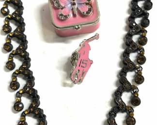 3 Papyrus Pill Box, Polo Pin, Crystal Necklace
