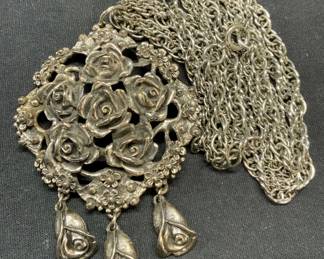 TORTOLANI Silver Tone Rose Pendant Necklace