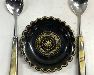 Lot 3 Lacquered Dish & Carved Bone Salad Servers