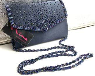 NINA Navy Satin Evening Bag w Beaded Strap NWT
