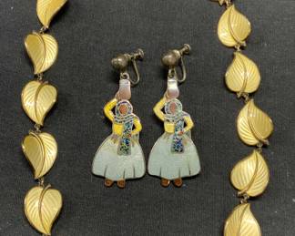 2 Sterling Silver Figural Earrings, Leaf Necklace