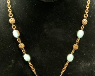 Gold Tone Blue Cabochon Pendant Necklace
