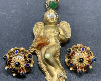Lot 3 Jadeite Eagle Ring, Cherub Brooch, More