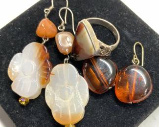 Lot3 Earrings & Ring Sterling Silver, Amber, Stone