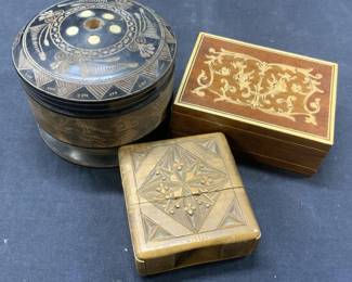 Lot 3 Carved & Inlaid Wooden Trinket Boxes