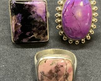 3 Sterling Silver Purple Gemstone & Glass Rings