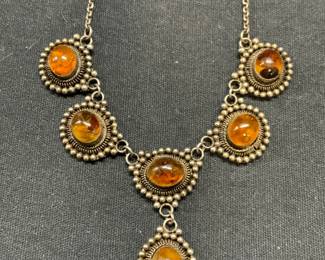 Vintage Sterling Silver & Amber Necklace