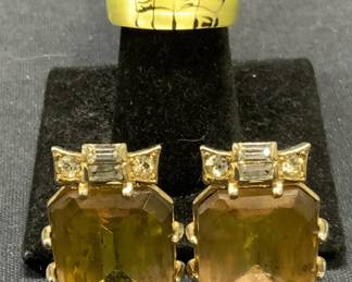 Lot 2 Schiaparelli Crystal Earrings, Lucite Ring