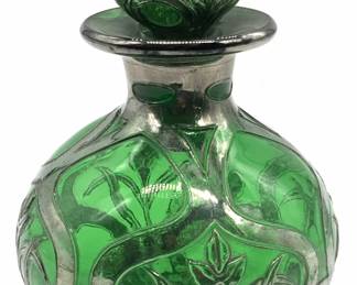 Hand Blown Silver Overlay Emerald Glass Vessel