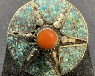 Sterling Silver Turquoise & Coral Statement Ring