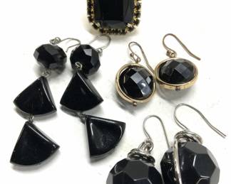 3 Pairs Black Bead Earrings, Chunky Ring